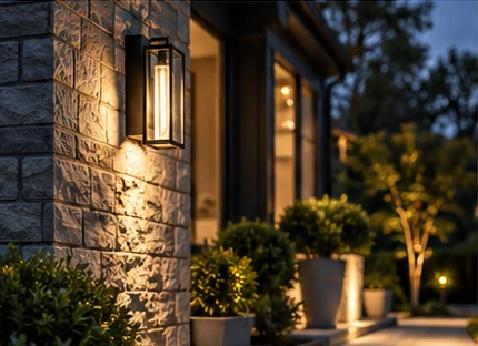 Exterior wall lantern and landscape lighting installation