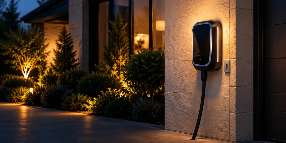 Wall-mounted EV charger beside a warmly illuminated home at dusk