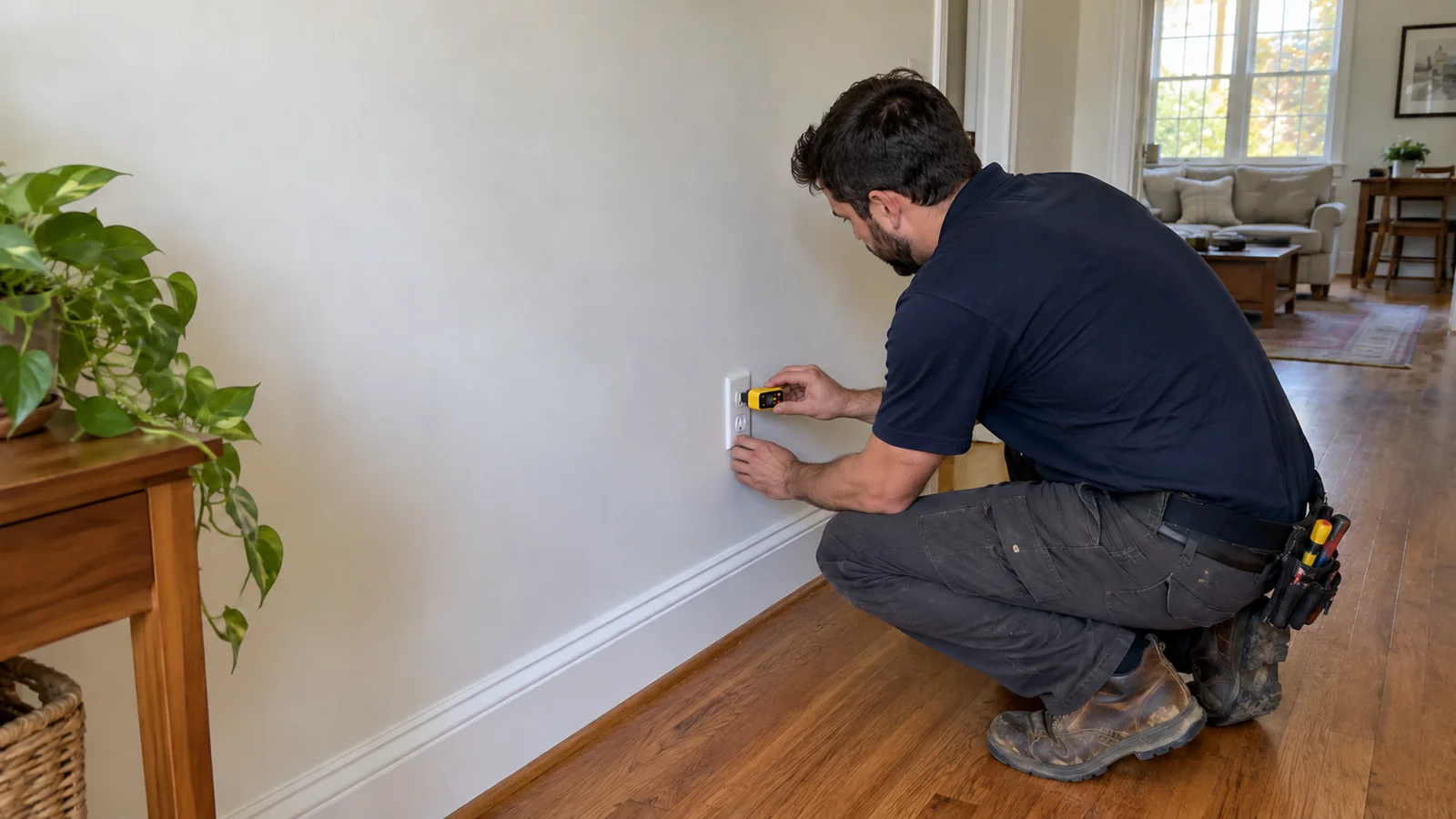 Electrician checking a wall outlet in a home